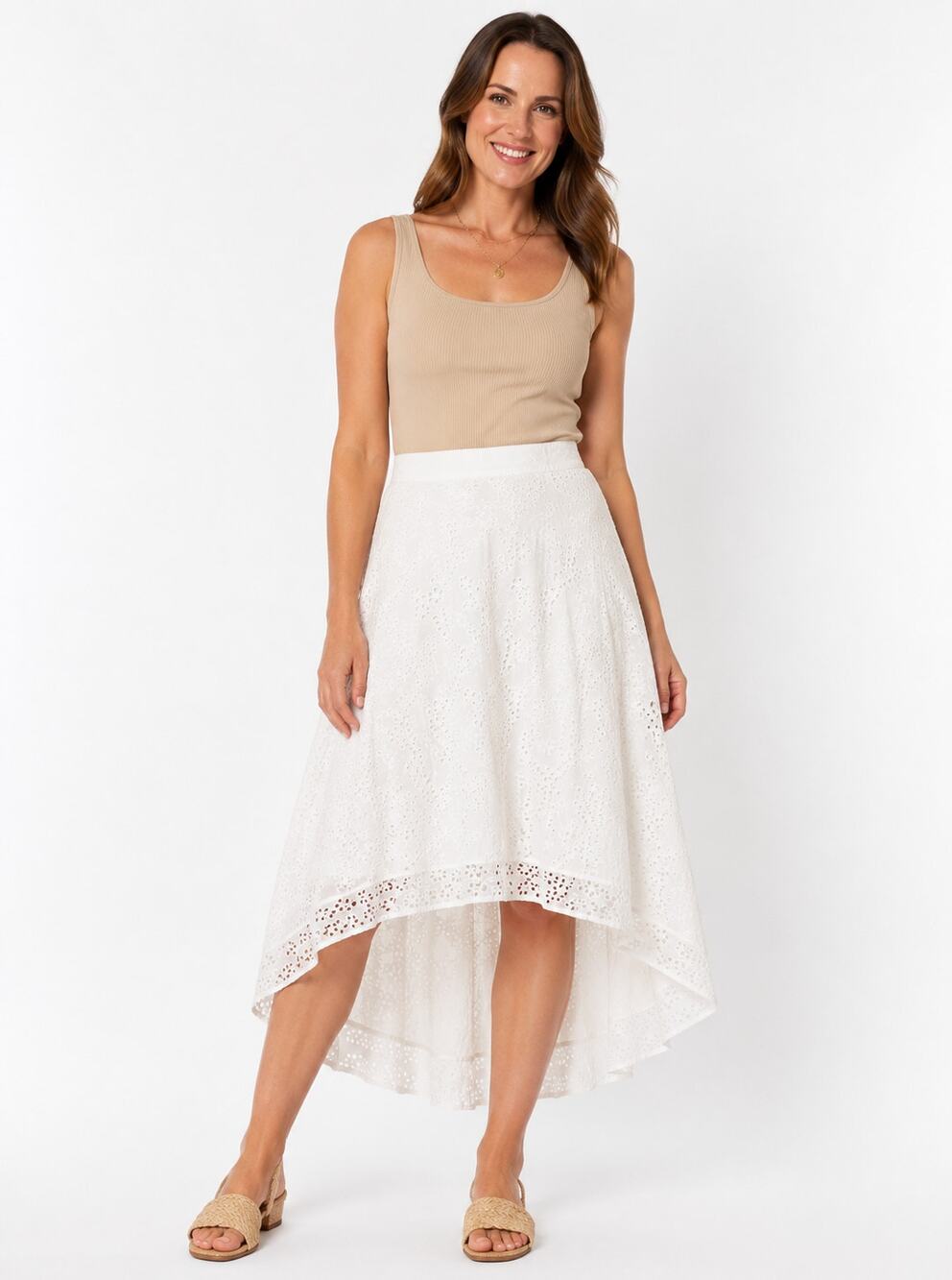 Rachel Roy White Eyelet High Low Midi Skirt Size 12